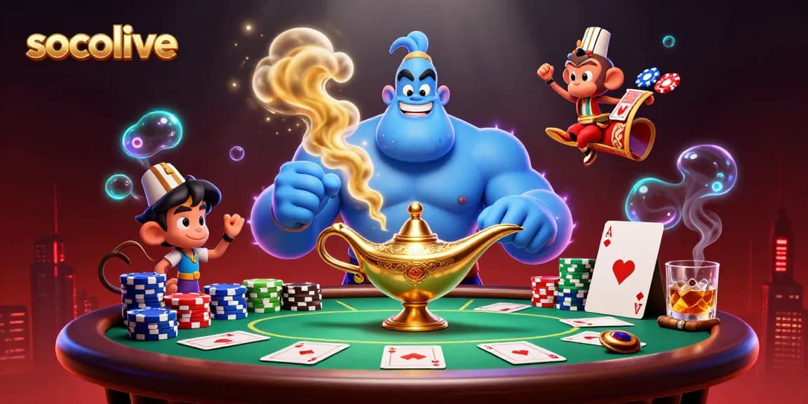Experience the excitement of socolive with a vibrant scene featuring a blue genie, poker action, and dynamic elements.