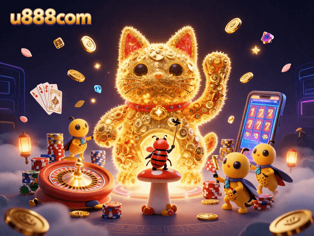 Experience the vibrant excitement of u888com with dynamic casino symbols and a lucky cat.