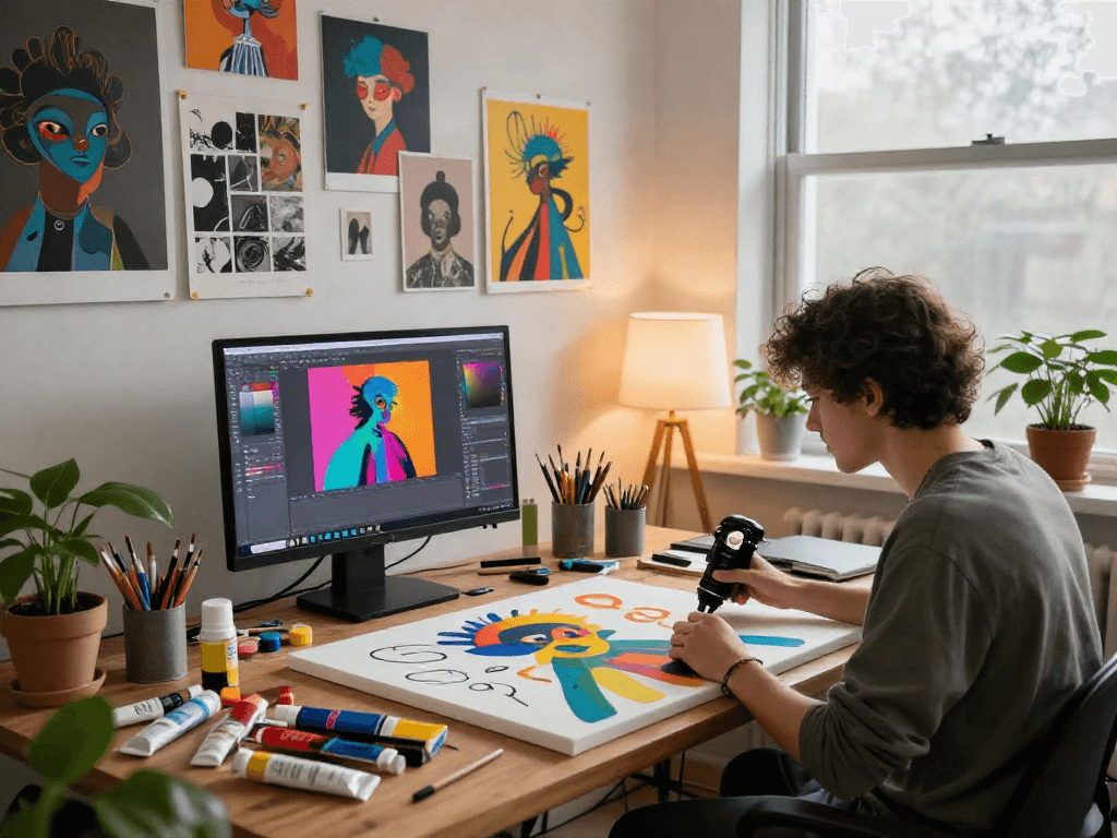 Creative artist in vibrant studio creating nsfw ai-themed art, vivid colors and tools showcase artistic expression.