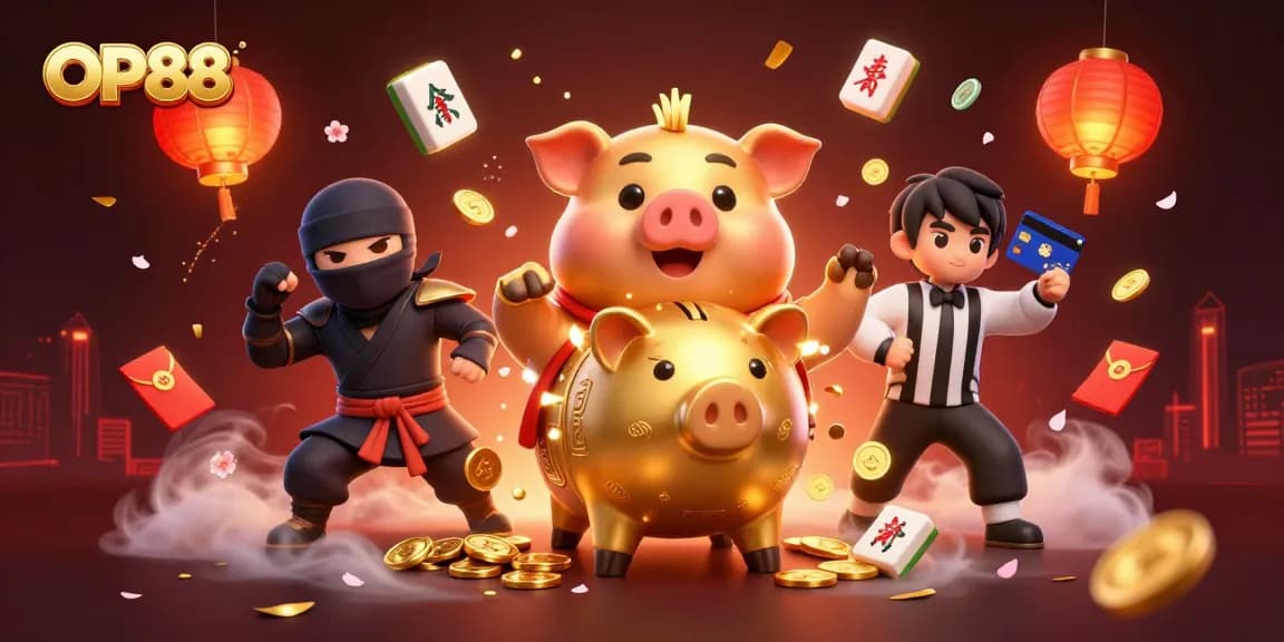 Experience the thrill of OP88 with our vibrant casino illustration featuring a golden piggy bank sumo wrestler, lively game elements, and dynamic action.