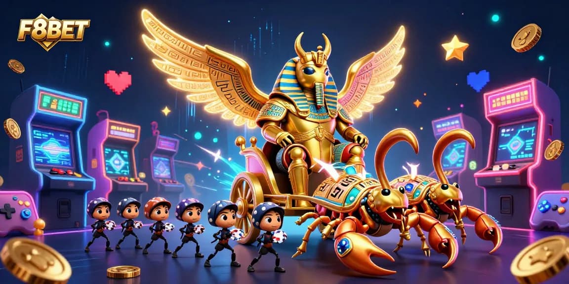 Experience thrilling gameplay with F8BET's colorful 3D illustration of colossal characters in a vibrant casino setting.