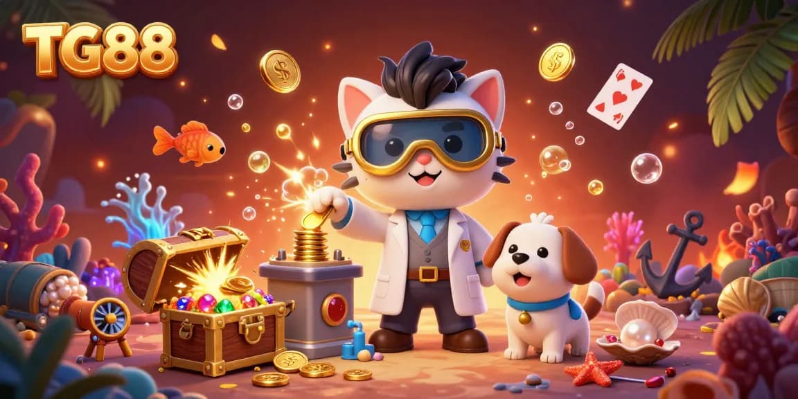 Experience the excitement of TG88 with an interactive 3D casino scene featuring a mad scientist cat and a lab assistant dog amidst gold coins and game elements.