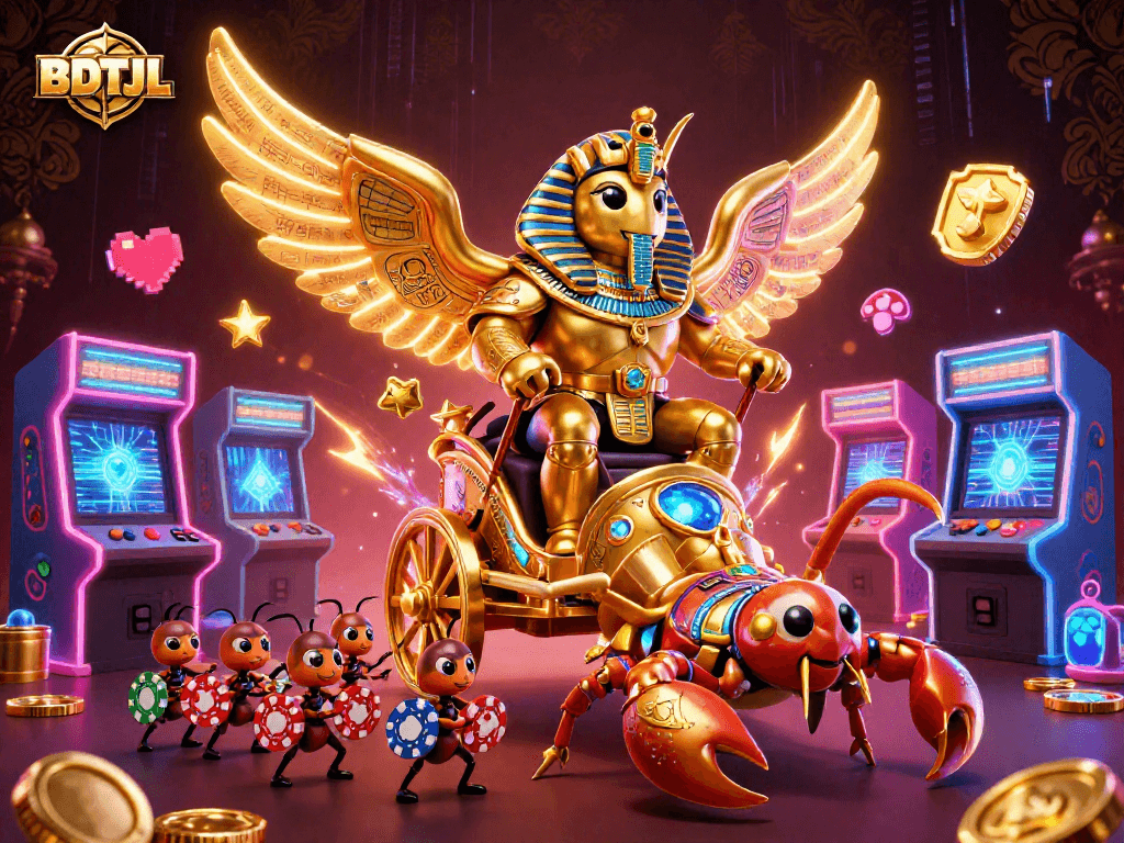 Engage with the vibrant BDTJL scene featuring a colossal golden scarab, scorpions, and poker chips.