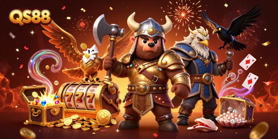 Win big at QS88 with elite gambling characters amidst festive, action-packed casino elements.