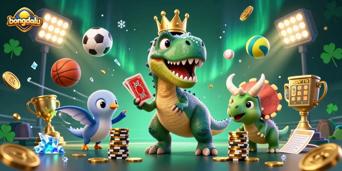 Bongdalu T-Rex shuffles cards while Pterodactyl assists, showcasing vibrant gambling action in a dynamic casino scene.