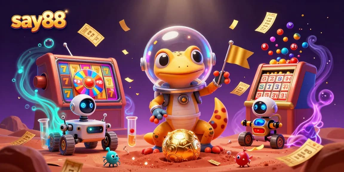 Engage with say88 through a vibrant 3D casino illustration showcasing a Martian gecko discovering a golden casino.