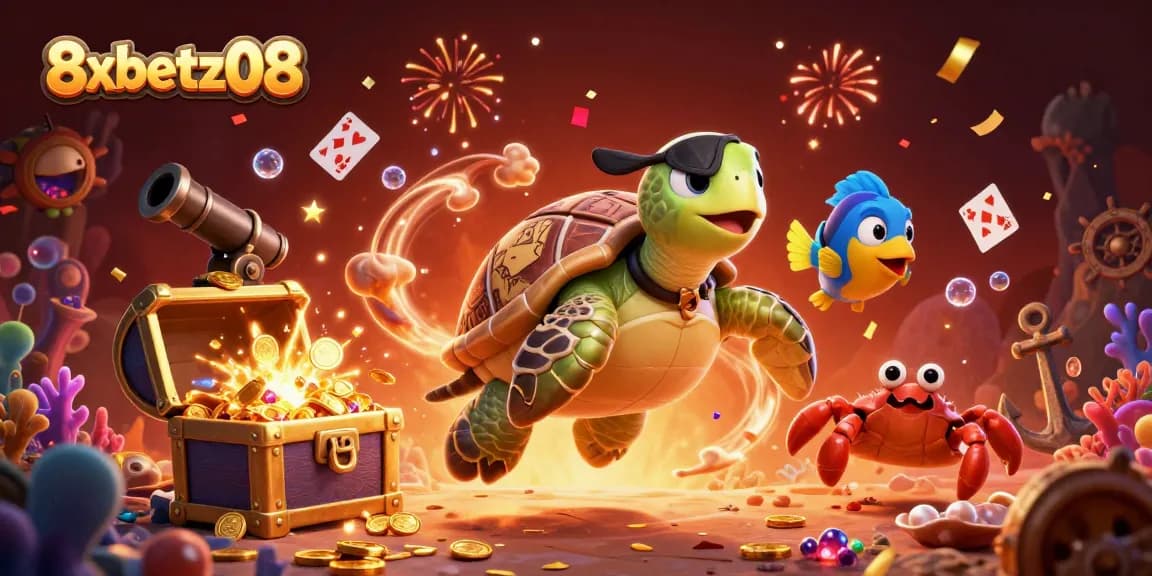 Win big at 8xbetz08 with vibrant casino-themed artwork featuring animated characters and treasures.