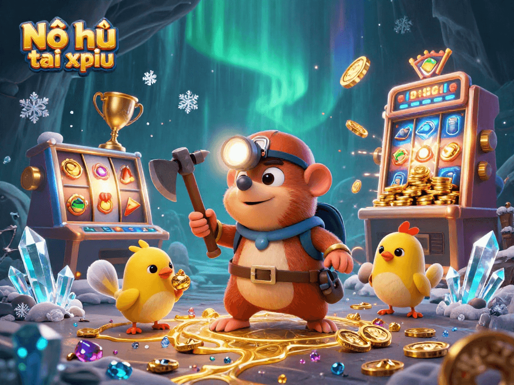 Nổ hũ tài xỉu showcases a dynamic 3D treasure hunter scene with vivid slot machine elements and gold coins.
