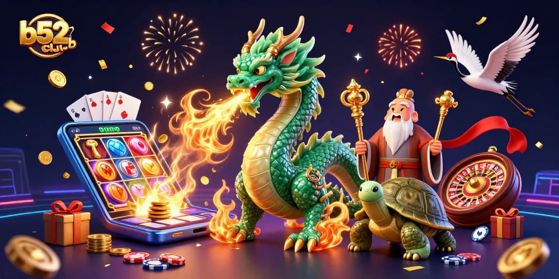 b52club brings luck with vibrant decorations featuring a jade dragon and festive game elements.