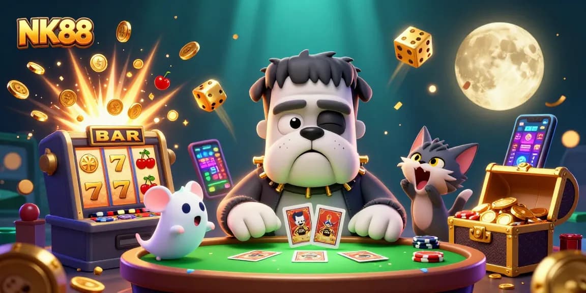 Experience thrilling gameplay with NK88 featuring a vibrant casino scene of card dealing and jackpots.