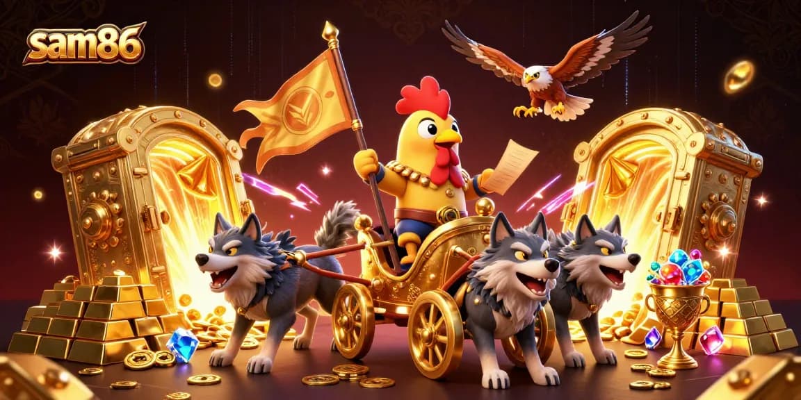 Experience adventure and wealth at sam86, illustrated with dynamic characters and vibrant casino elements.
