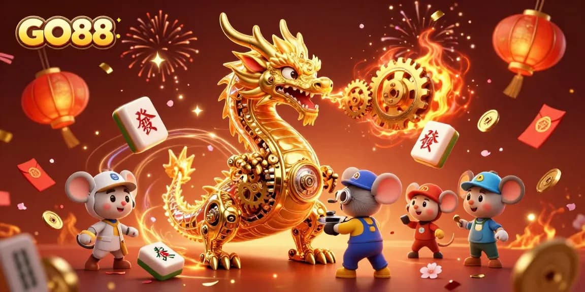 Engage with GO88's immersive casino adventure featuring a golden dragon and festive gaming elements.