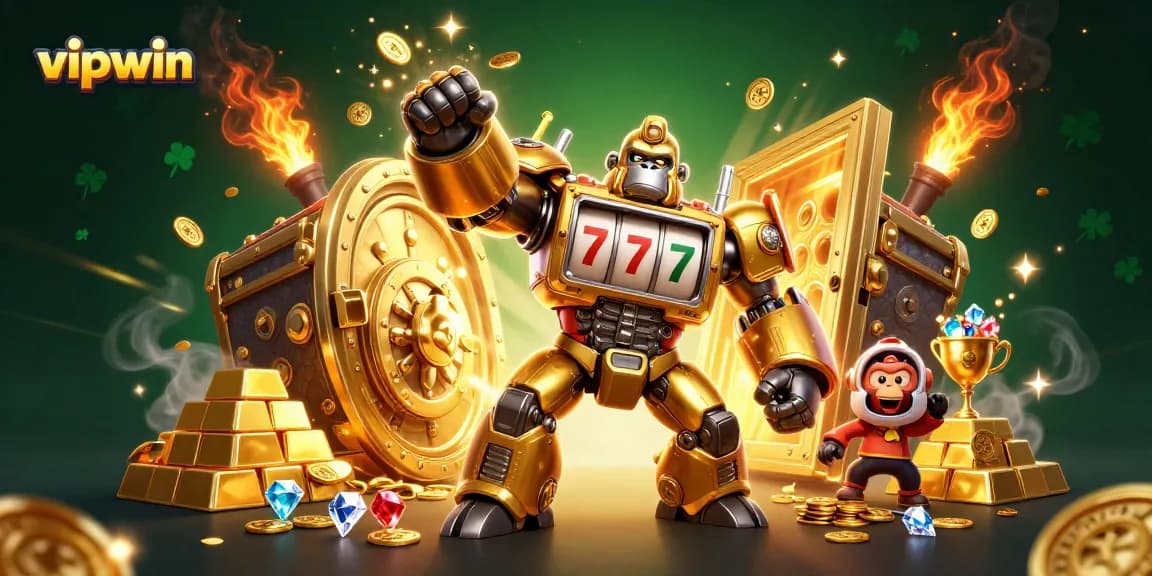 Experience thrilling action with vipwin, featuring a golden gorilla mech and dynamic slot machine elements.