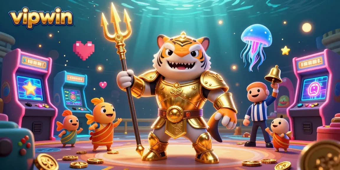 Engage in thrilling gaming at vipwin, featuring a vibrant underwater scene with a gladiator shark.