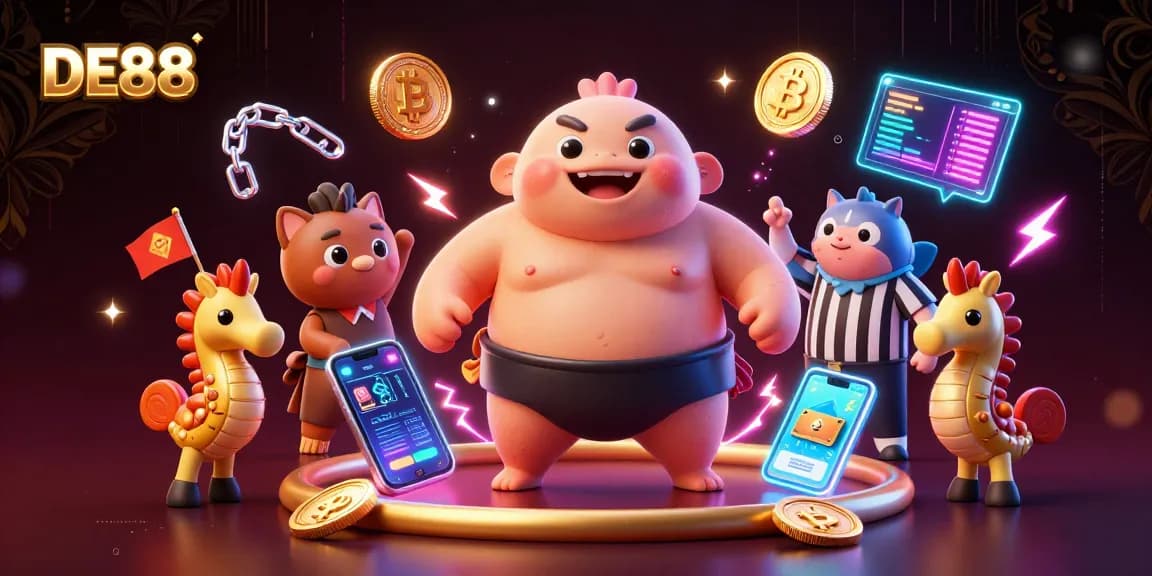 Experience DE88, a vibrant underwater casino scene filled with crypto elements and lively characters.