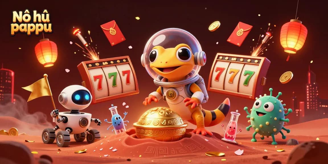 Nổ hũ pappu offers thrilling moments of winning with a colorful casino scene featuring a Martian gecko.