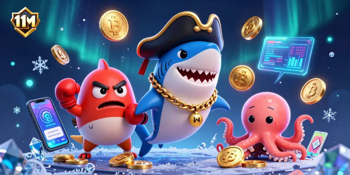 Engage with 11M's vibrant casino scene featuring a pirate shark and crypto-themed elements.