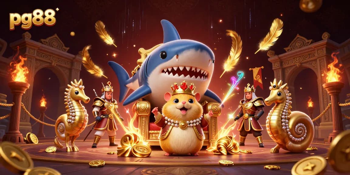 Experience thrills with pg88 as a fearless golden hamster king reigns in a vibrant casino arena filled with treasures.