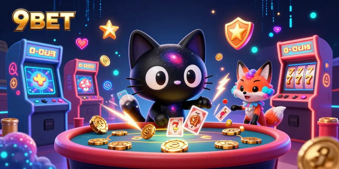Engage with 9BET's cosmic casino world with vibrant characters and gaming elements.