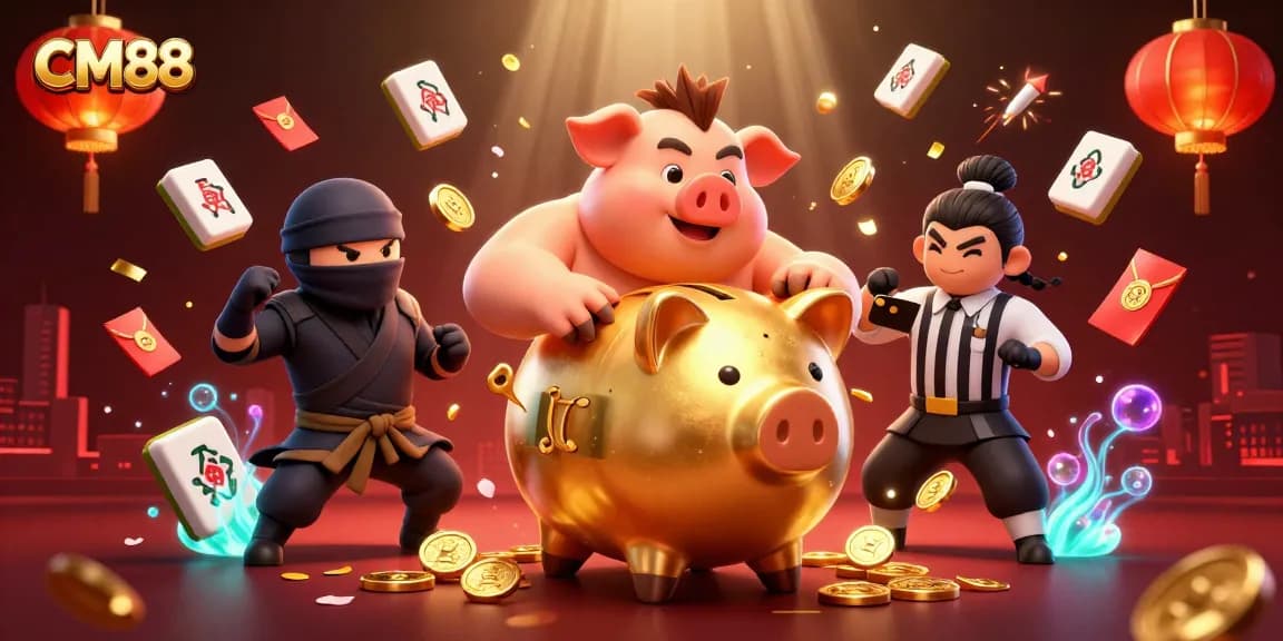CM88 showcases a golden piggy bank sumo wrestler amid vibrant casino elements celebrating the thrill of gaming.