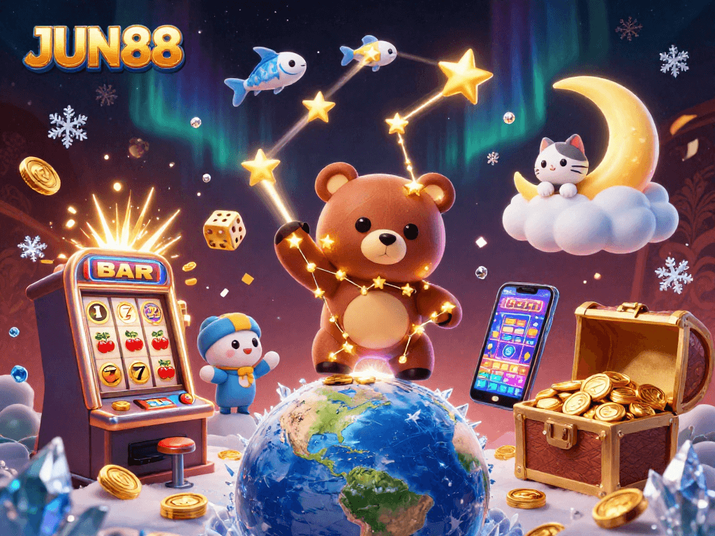 Experience JUN88's lively slot gaming scene with starry characters and jackpot excitement.