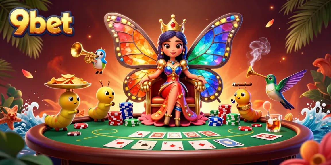 Engage with 9bet's vibrant casino atmosphere featuring a butterfly queen and poker elements.