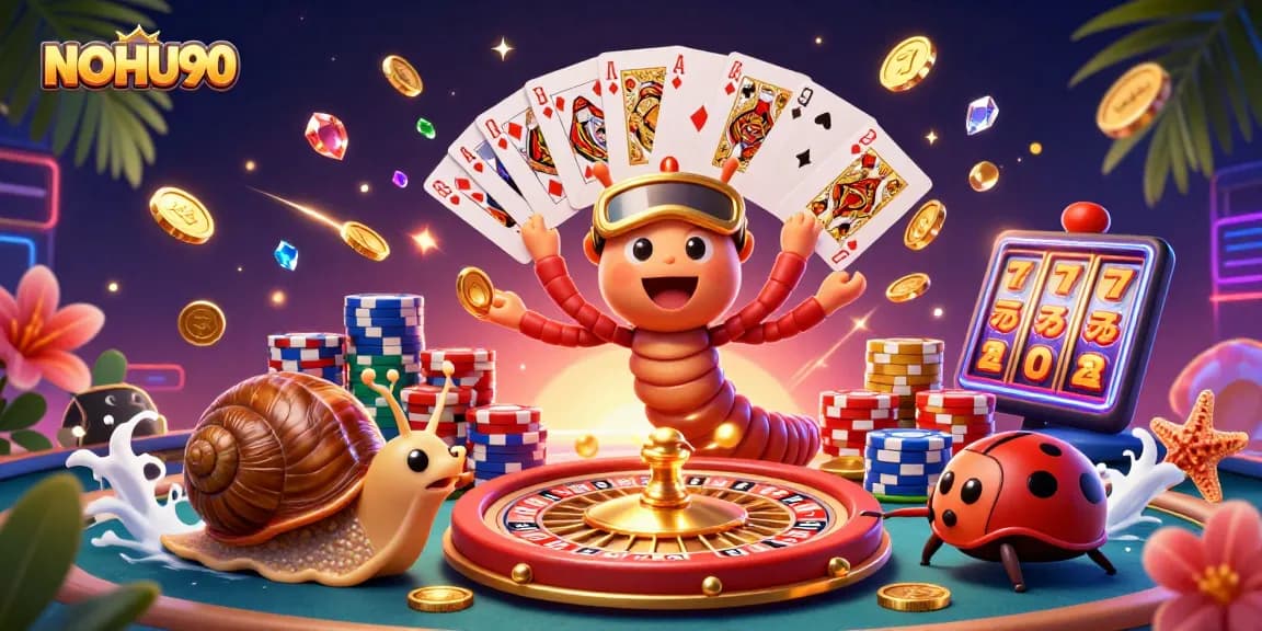 Engage in winning strategies at NOHU90 with a lively casino scene featuring vibrant characters and thrilling game elements.