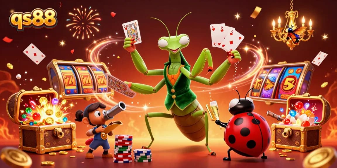 Join the excitement at qs88 with a lively casino scene featuring a giant mantis card sharp, engaging elements of fun and fortune.