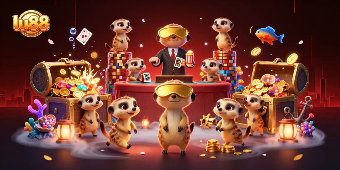 Experience the excitement of lu88 with meerkats in a vibrant casino filled with treasures and gaming action.