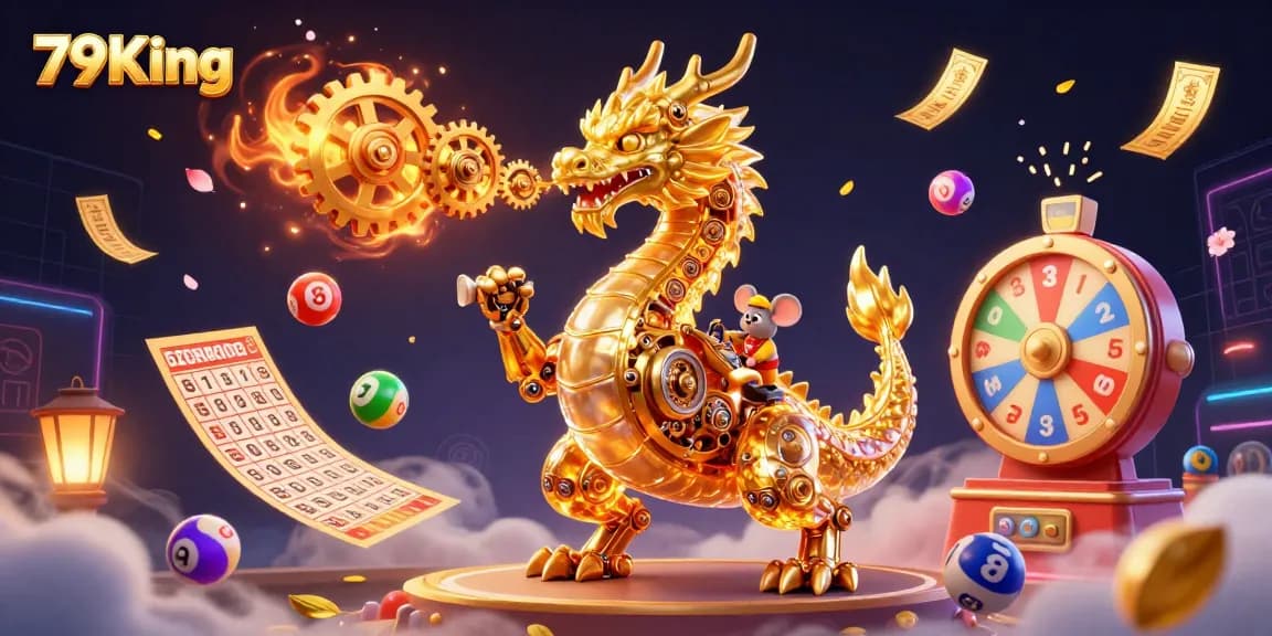 Engage in thrilling games at 79King with a vibrant 3D dragon illustration showcasing dynamic lottery elements.