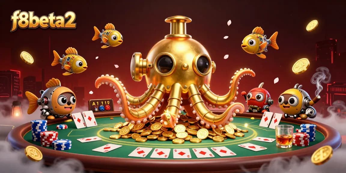 Engage with f8beta2's vibrant casino scene featuring a kraken submarine amidst poker chips.