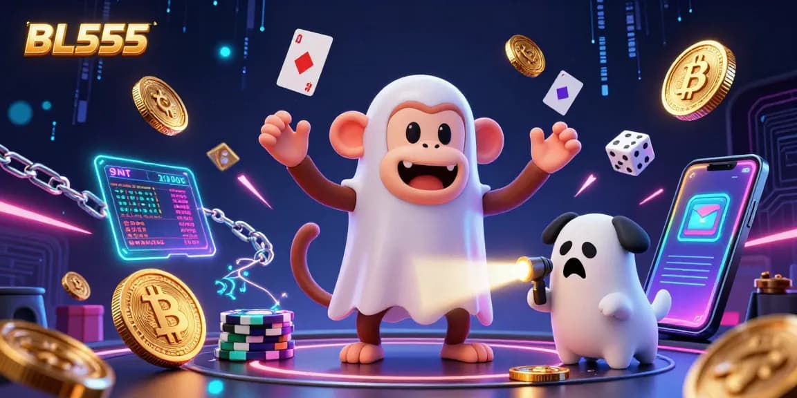 Spin and win at BL555 with a playful poltergeist monkey juggling golden casino tokens amidst a haunted casino.
