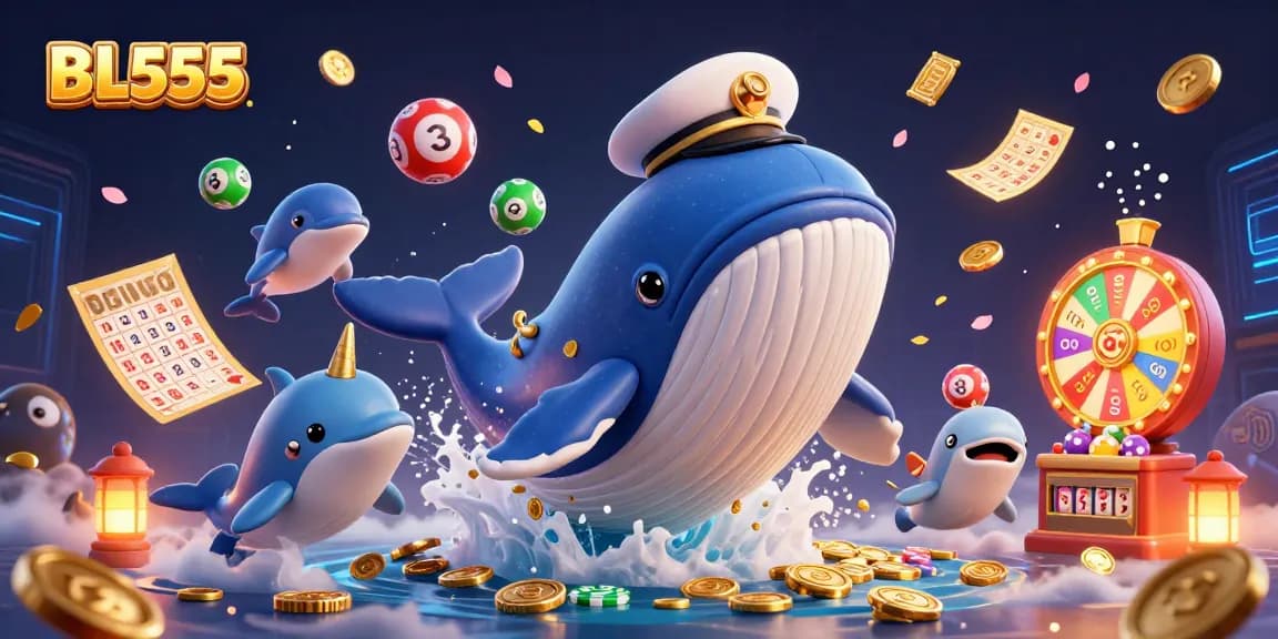 Engage with exciting gaming opportunities at BL555 as cartoon characters celebrate amidst dazzling casino elements.