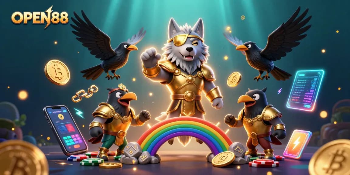 Experience OPEN88’s magical gaming journey with mythical characters and vibrant casino elements.