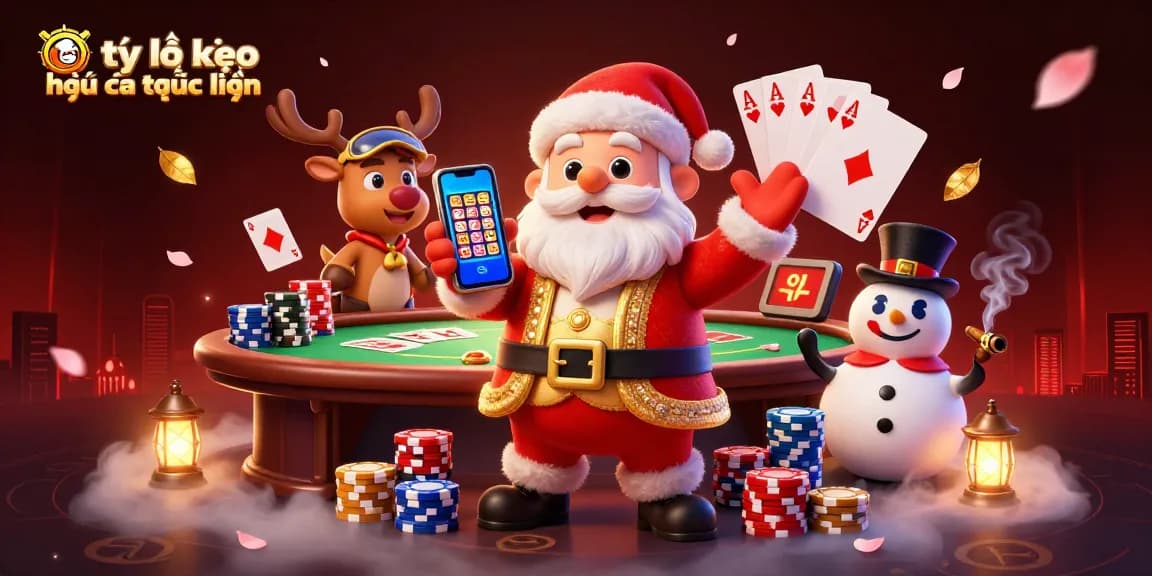 Engaging scene capturing tỷ lệ kèo nhà cái trực tuyến with a cartoon Santa, poker elements, and festive atmosphere.