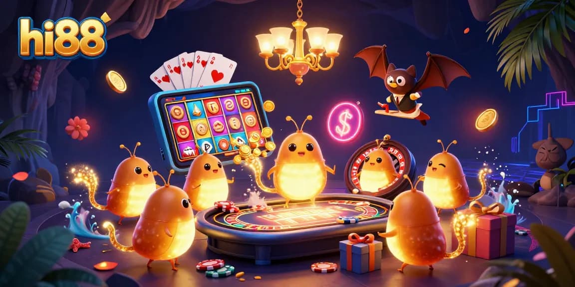 Experience thrilling fun at hi88 with glowworms illuminating the casino scene, showcasing vibrant slot games.