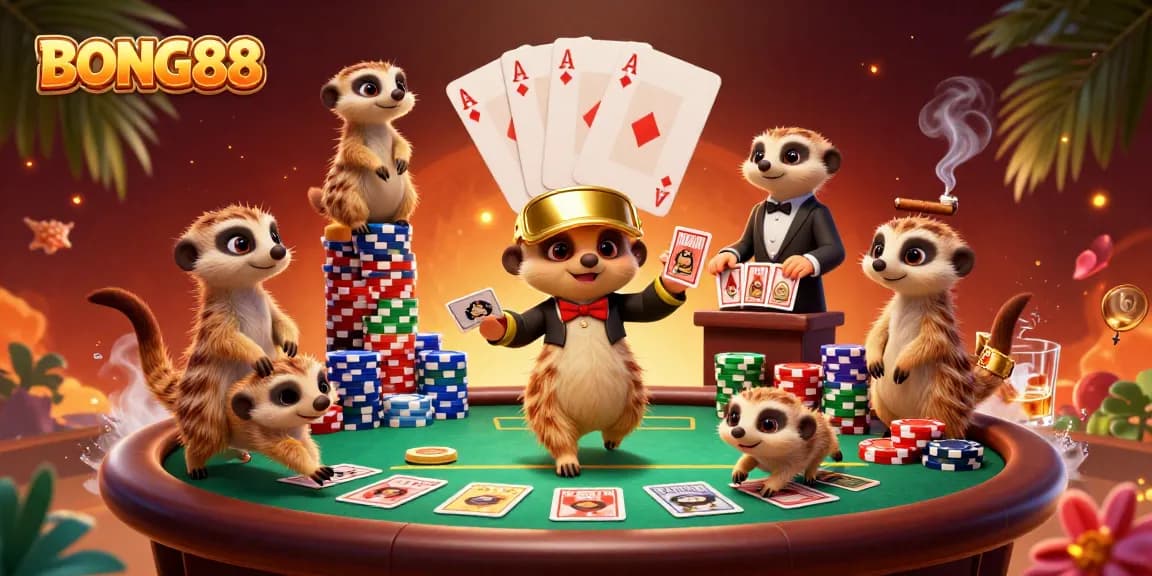 BONG88 meerkats leading an engaging casino scene with colorful poker chips and dynamic action.