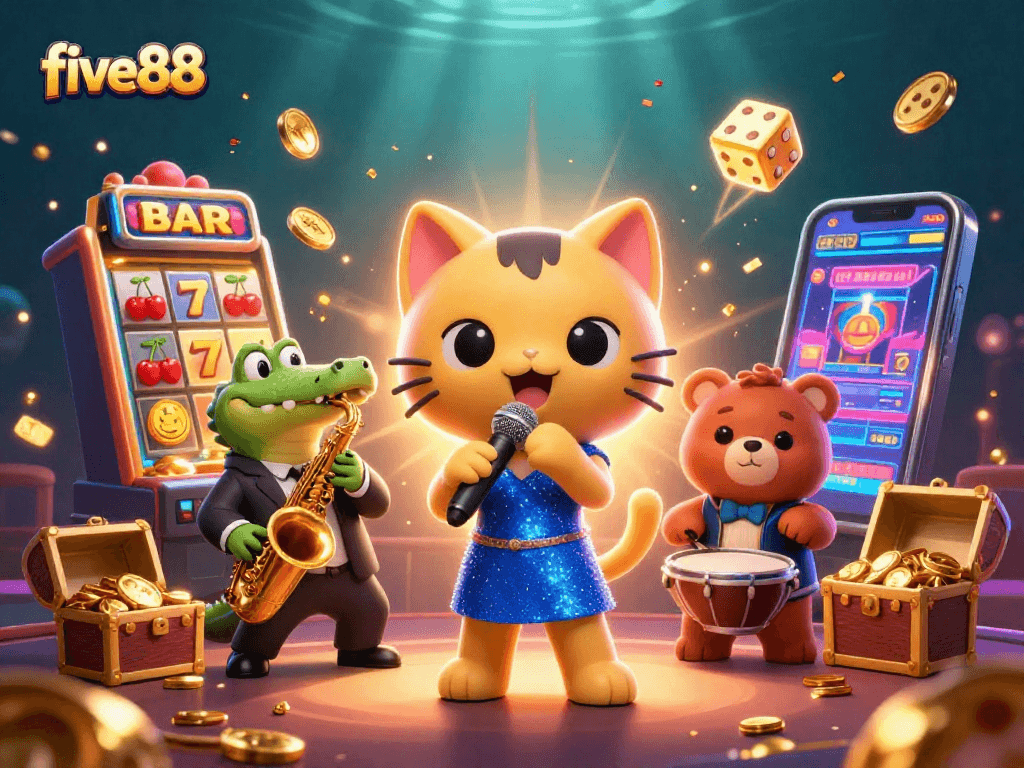 Experience the thrill of five88 with a vibrant casino scene featuring animated characters and gaming elements.