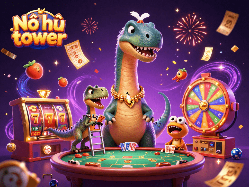 Nổ hũ tower gameplay features a dinosaur, animated slot reels, and vibrant symbols in a dynamic casino scene.