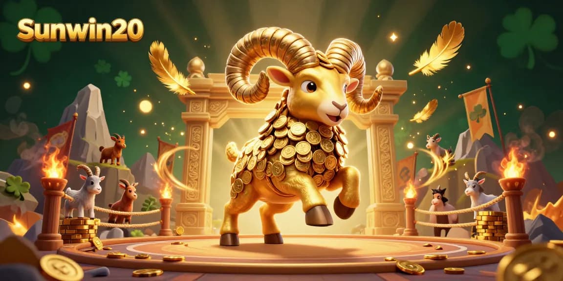 Experience the thrill of Sunwin20 with a vibrant 3D illustration featuring a golden ram charging amidst a dynamic casino scene.