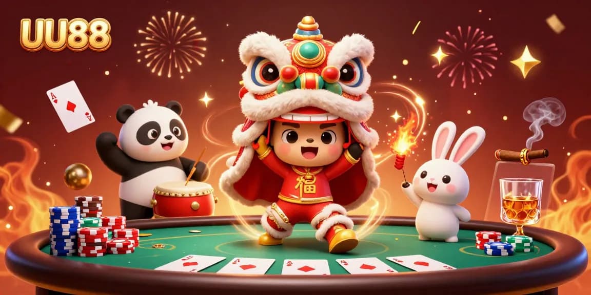 Engage with UU88 through vibrant 3D illustration celebrating casino vibes with lucky characters.