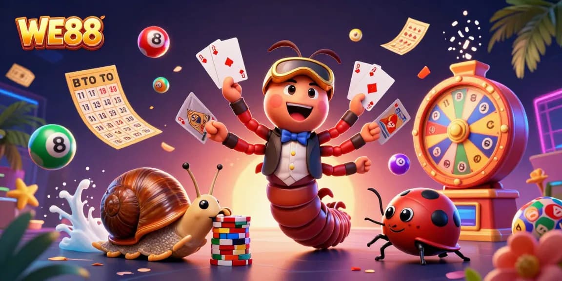 Engage with WE88's exciting casino atmosphere as characters celebrate big wins amidst vibrant game displays.