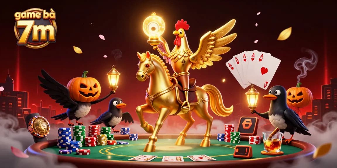 Experience thrilling moments of game bài 7m with a golden rooster in a vibrant casino scene.