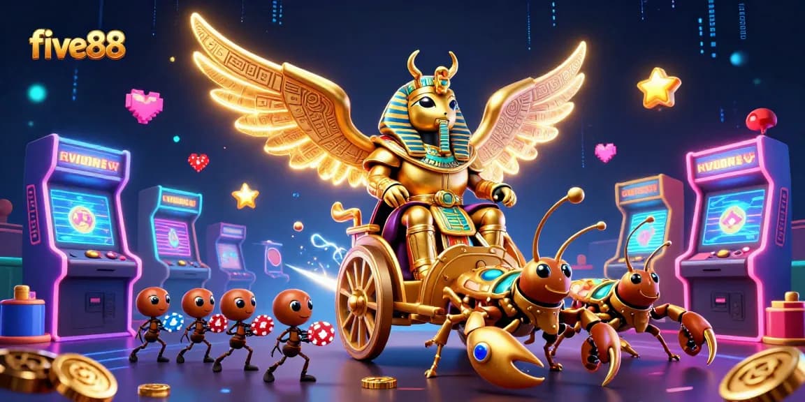 Experience thrilling gaming at five88 with golden scarab beetle and scorpions amid dazzling casino elements.