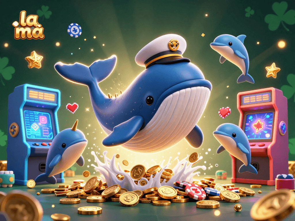 Experience the thrill of la mã with a vibrant 3D cartoon scene featuring a whale and fun casino elements.