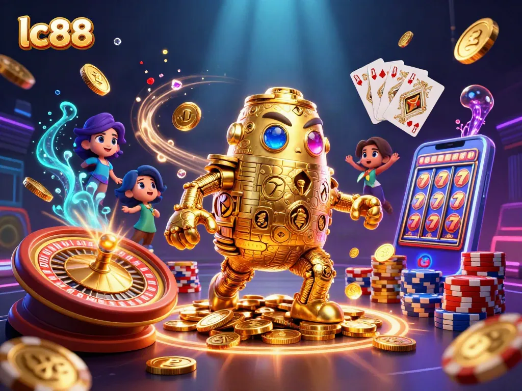 Engage with lc88 thrilling casino scenes filled with golden golems, roulette, and sparkling gems.