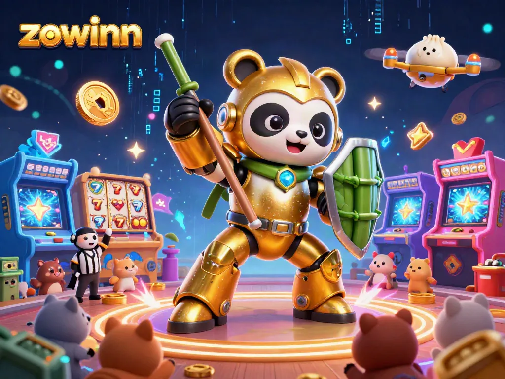 Zowinn showcases an exciting gaming atmosphere with a mech-suit panda, vibrant slot machines, and charming animal supporters.