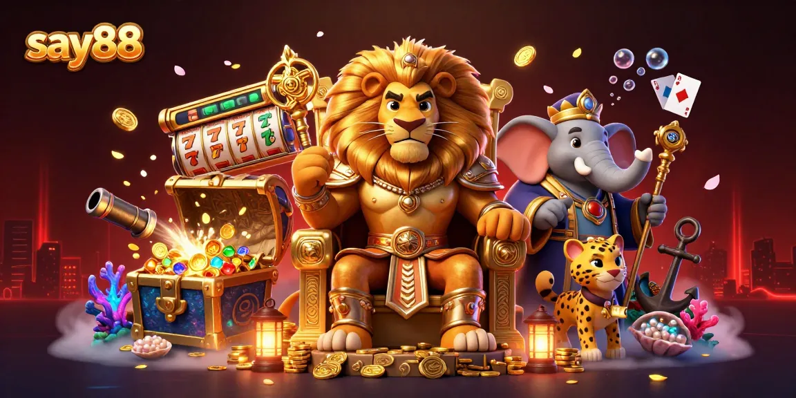 Experience the excitement of say88 with vibrant slot games, showcasing a lion king and treasures.