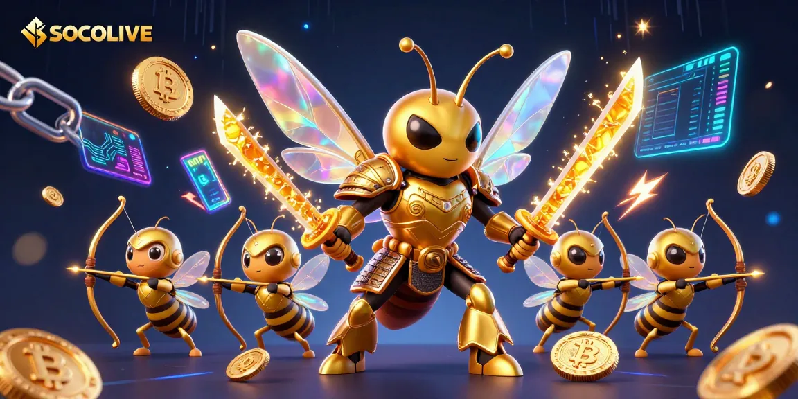 SOCOLIVE showcases a vibrant 3D scene with a golden hornet warrior amidst cryptocurrency elements and gaming excitement.