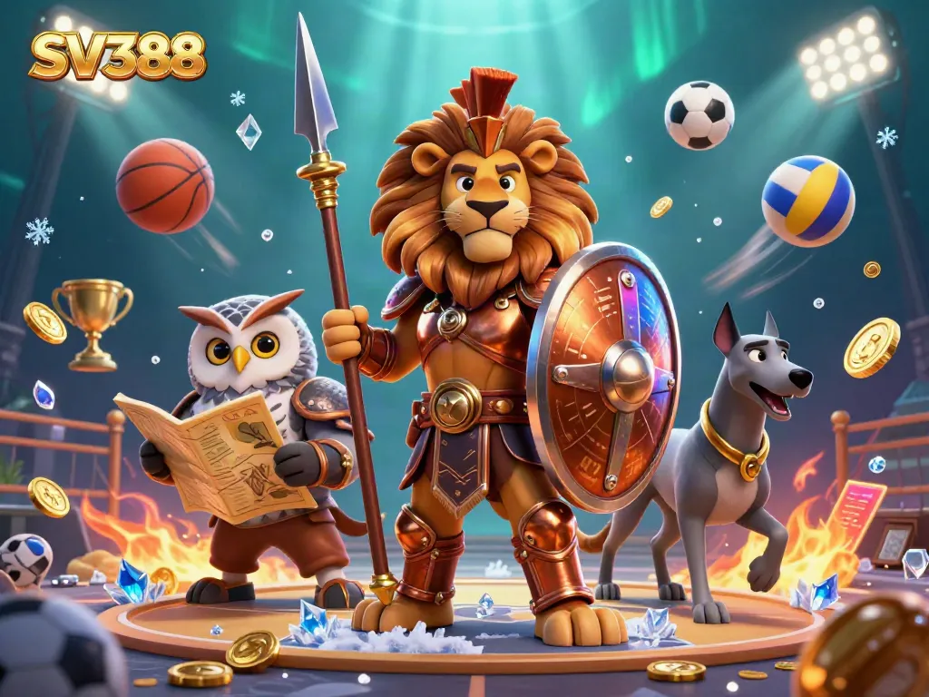 SV388 showcases an epic 3D scene of a Spartan lion in armor, owl strategist, and greyhound, all amidst vibrant cockfighting elements.